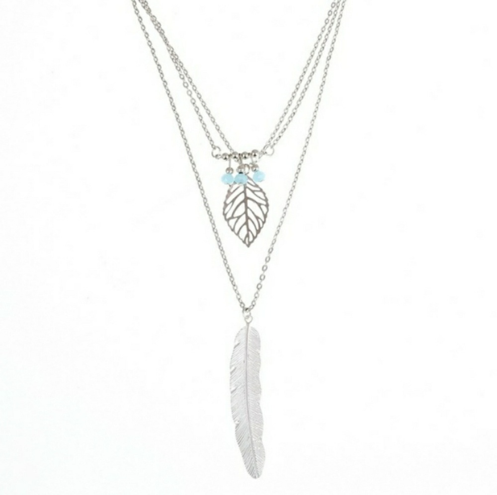 Layered Feather Pendant Necklace - Picture 3 of 5